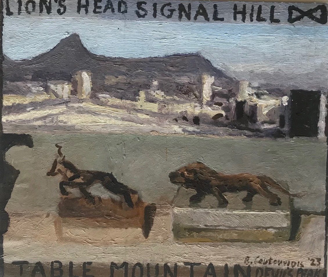 Ben Coutouvids, Lion's head Signal hill with still life of lion, Oil on Cardboard